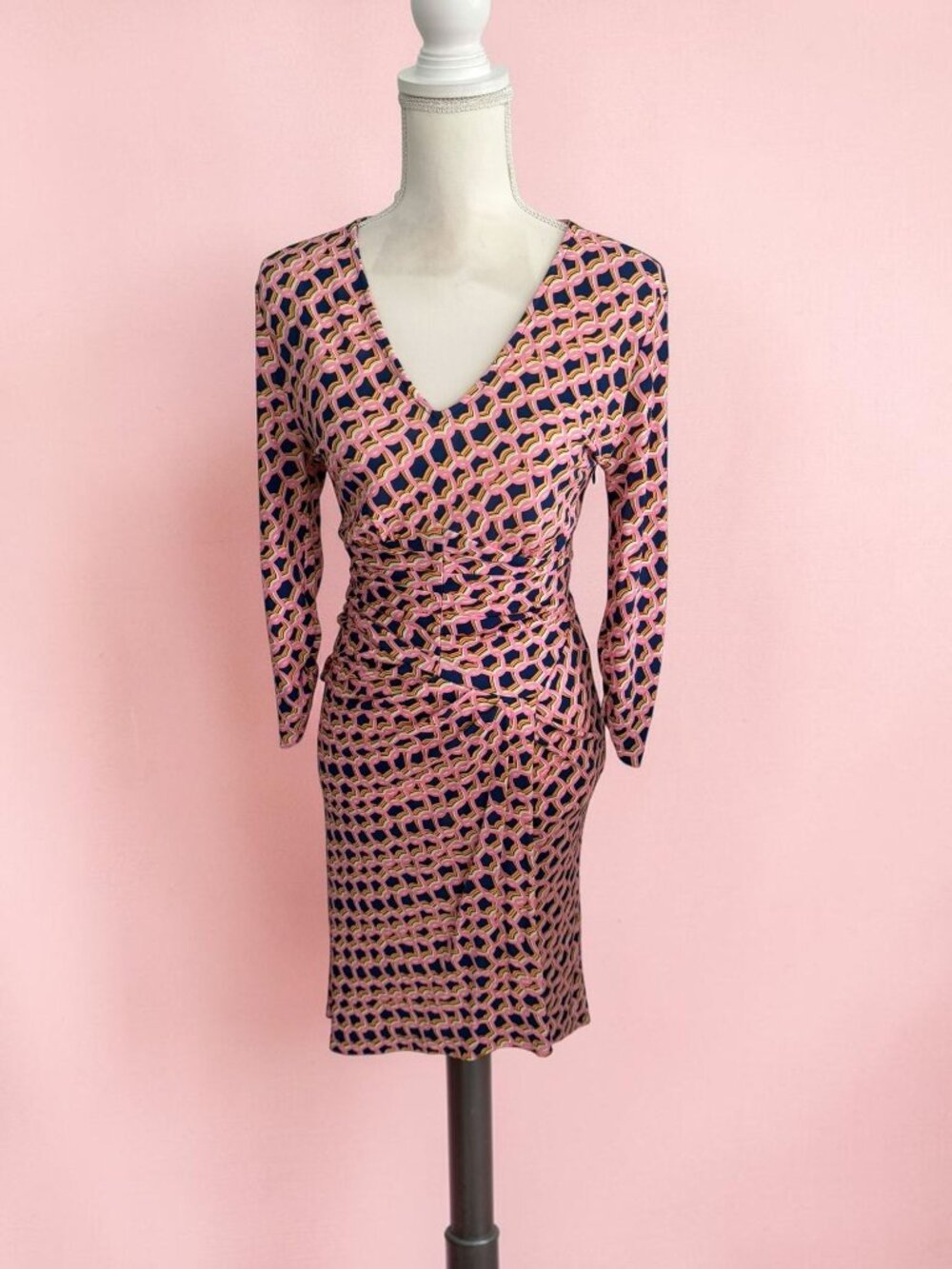 DIANE VON FURSTENBURG DVF Patterned Stretch Ruched Dress Size Small